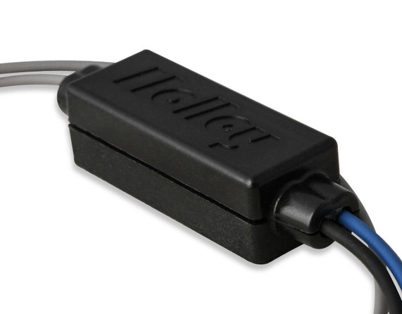 Holley Performance Parts – EFI, Intakes, & More Holley 554-131 Tach Input Conditioner, black rectangular electronic device with connecting wires for vehicle tachometer signal conditioning.