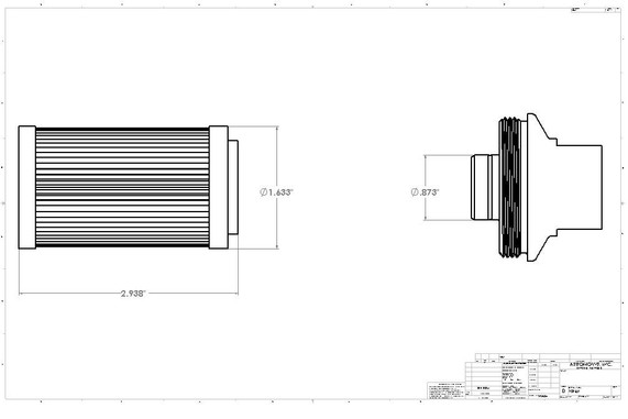 Aeromotive High-Performance Fuel System Parts Aeromotive 12304 Filter, In-Line, 100-m Stainless Mesh Element, ORB-10 Port, Bright-Dip Red, 2 inches OD technical drawing showing detailed dimensions and side view of the fuel filter.
