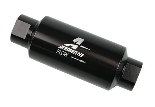 Aeromotive High-Performance Fuel System Parts Aeromotive 12321 Filter, In-Line, 10-m Fabric Element, ORB-10 Port, Bright-Dip Black, 2 inch OD, image of black inline fuel filter with metal ends and arrow indicating fuel flow direction.