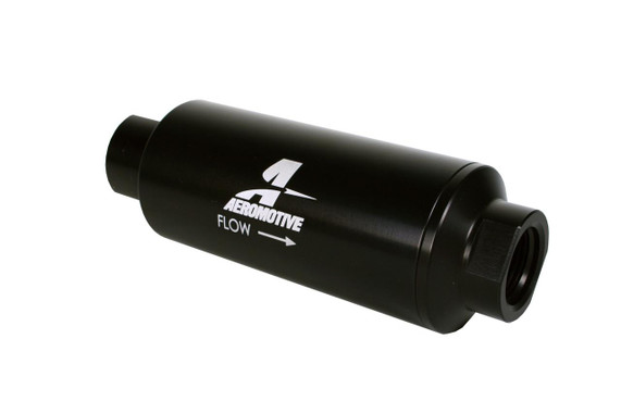 Aeromotive High-Performance Fuel System Parts, in-line filter with 10-micron Microglass Element, ORB-12 port, black hard-coat, marine grade, 2-1/2 inch OD.