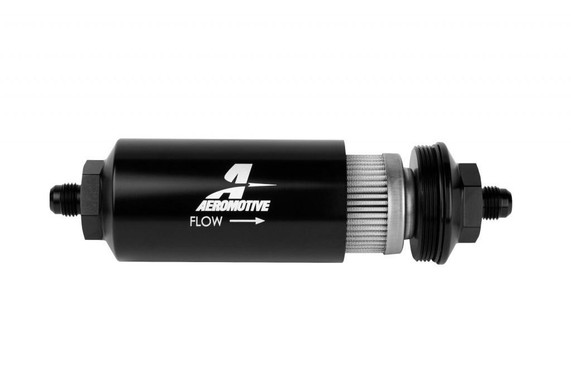 Aeromotive High-Performance Fuel System Parts Aeromotive 12349 Filter, In-Line, 100-m Stainless Mesh Element, AN-06 Male, Bright-Dip Black, 2 Inch Outer Diameter, fuel filter with black metal body and stainless mesh element for high-flow vehicle fuel systems.