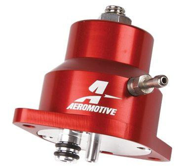 Aeromotive High-Performance Fuel System Parts Aeromotive 13102 Regulator, Billet, Adjustable, Ford 5.0, 94-97 / 4.6, 94-99, in red with silver fittings and logo.