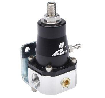 Aeromotive High-Performance Fuel System Parts, Aeromotive 13129 Regulator - EFI Bypass, Adjustable with two -6 inlets and one -6 bypass, black and silver fuel pressure regulator with mounting bracket.
