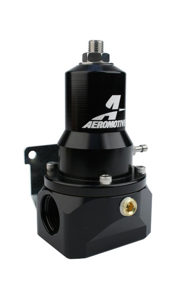Aeromotive High-Performance Fuel System Parts Aeromotive 13134 Pro Series Extreme Flow EFI Regulator, 30-120 psi, .313 Valve, 2x AN-10 inlets, AN-10 Bypass, with black finish and metal fittings.
