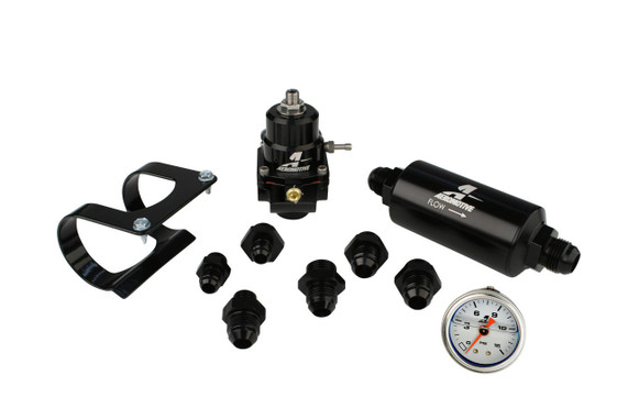Aeromotive High-Performance Fuel System Parts, Aeromotive 17256 System, Fuel, Stealth, Bypass Carb with regulator, filter, filter bracket, gauge, fittings, and mounting hardware.