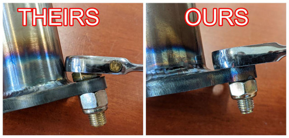 Scram Speed Quick Disconnect 1.625 Tube Chassis Flanges, NHRA Approved, side-by-side comparison showing improved weld quality and construction.