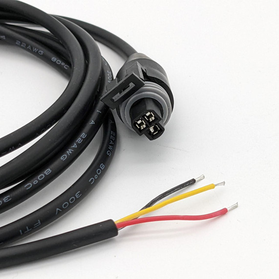 Scram Speed SNS 214 Pressure Sensor Pigtail - 8ft, close-up view of the black pressure sensor pigtail with electrical connectors and exposed wires.