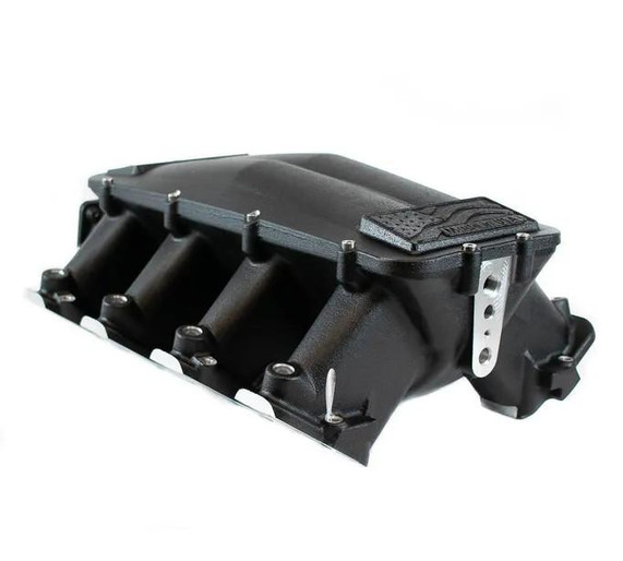 BTR Equalizer 1 Intake Manifold - Cathedral Port - Black Powder Coat, a high-performance automotive intake manifold with a cathedral port design in black powder-coated finish.