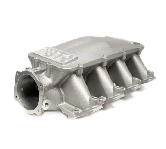 BTR EQUALIZER 3 INTAKE MANIFOLD - SQUARE PORT - IMA-03, a metallic car intake manifold with four square port outlets for engine performance enhancement.