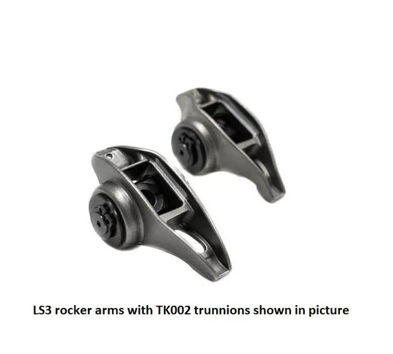 BTR LS3 Rocker Arms with BTR Trunnions, LS3RKRS-16, in black finish, showing detailed design and construction.