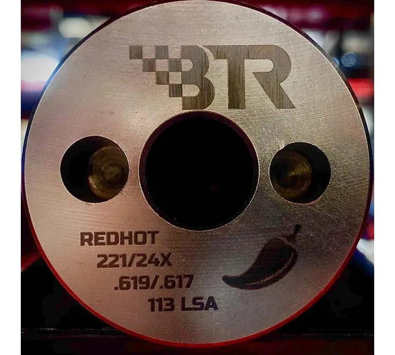 BTR RED HOT CAMSHAFT, close-up view of the camshaft showing the engraved specifications and design.