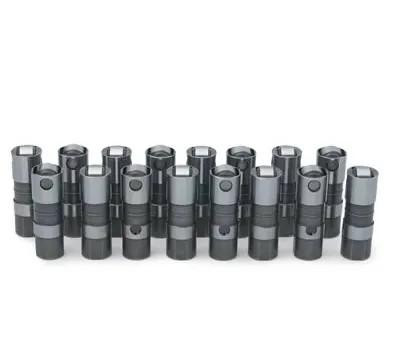 BTR GM Racing High Performance Hydraulic Roller Lifters, set of metallic cylindrical engine components with black and silver finishes arranged in a row.