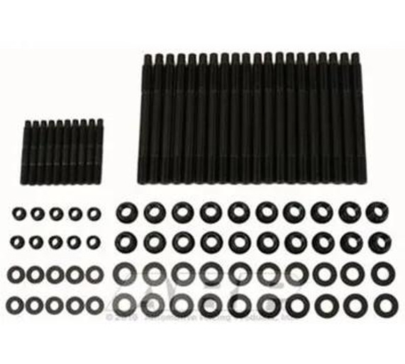 BTR ARP HEAD STUD KIT - 04+ LS, set of black head studs and accompanying nuts, washers, and fasteners for engine head assembly.