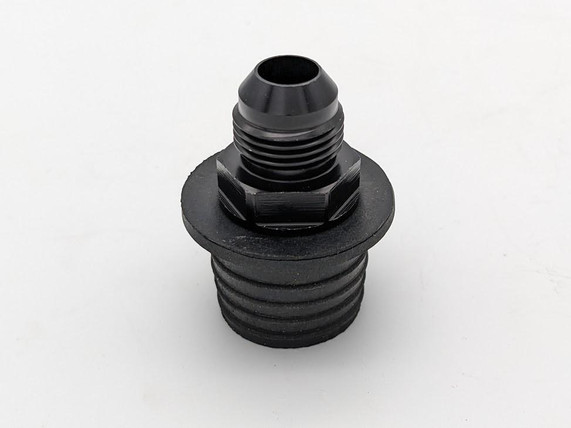 Scram Speed Ford 5.0 Mustang -8AN PCV Catch Can Fitting, black anodized metal fitting with threaded end for automotive PCV system connection.