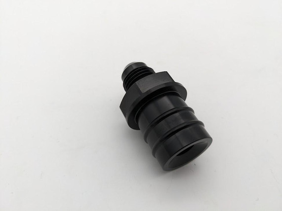 Scram Speed Ford 5.0 Mustang -8AN PCV Catch Can Fitting, black metal fitting with a threaded end for engine oil vapor catch can.