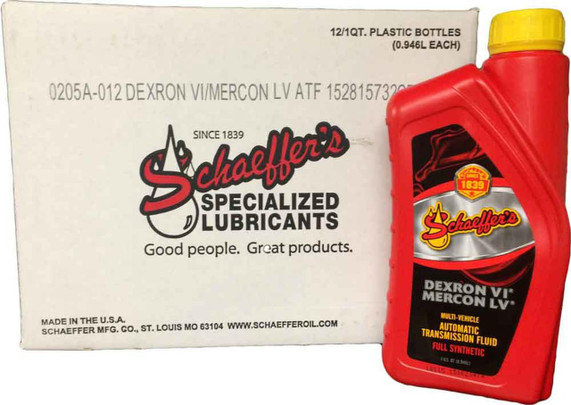 Schaeffer's 0205A Dextron 6 Mercon LV Automatic Transmission Fluid, 12 quarts in red plastic bottles with yellow caps, shown with packaging box.