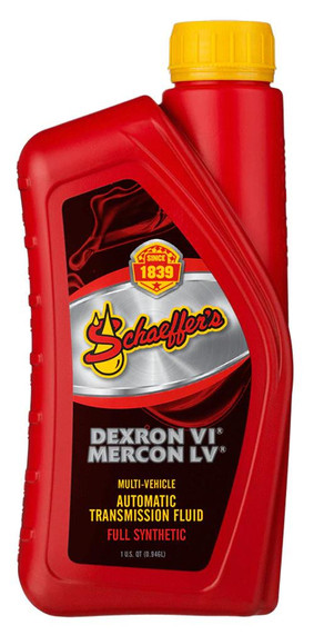 Schaeffer's 0205A Dexron 6 Mercon LV Automatic Transmission Fluid, 1-quart red plastic bottle with yellow cap.