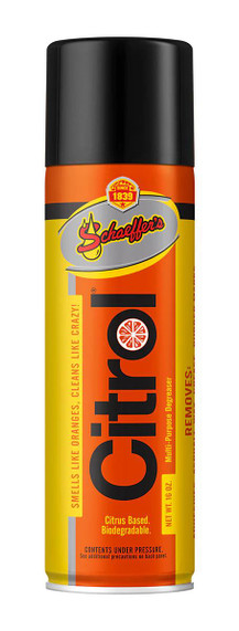 Schaeffer's 0266 Citrol multi-purpose degreaser, citrus-based aerosol spray in a black-capped orange and yellow can, 12 cans per case.