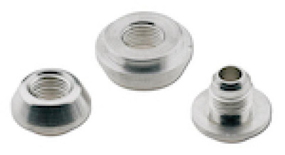 Fragola 499526 #16 Female Weld Bung X 1.5 inch, image showing three metallic female weld bungs for pipe fittings.