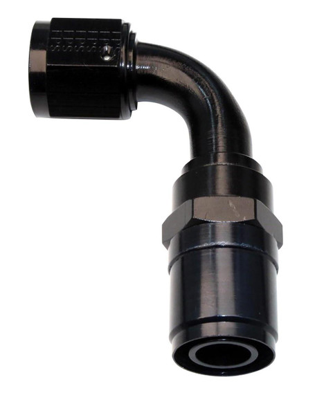 Fragola 2609008 #8 Race-Rite, Crimp-On, 90-Degree, black metal elbow connector for automotive, racing, or industrial electrical wiring.