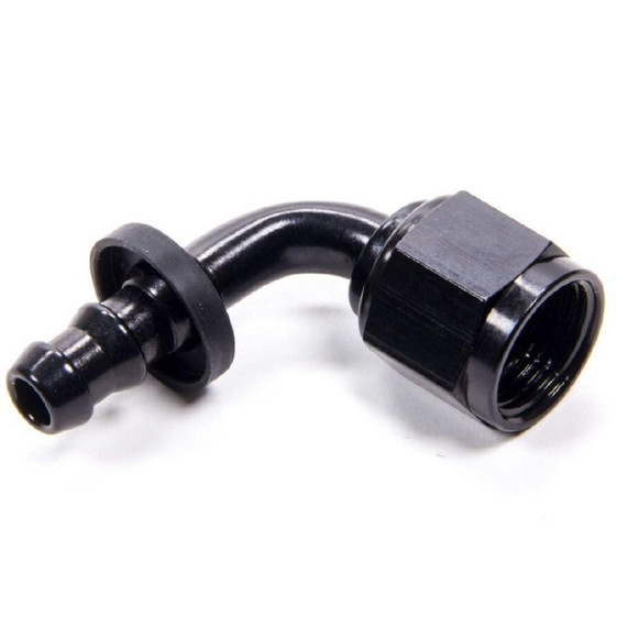 Fragola 209108-BL #8 Nut X 6AN 90 Deg Push Lock Hose End, for Fuel Cell Conversion, Black, close-up of black 90-degree push lock hose fitting with threaded end designed for fuel systems.