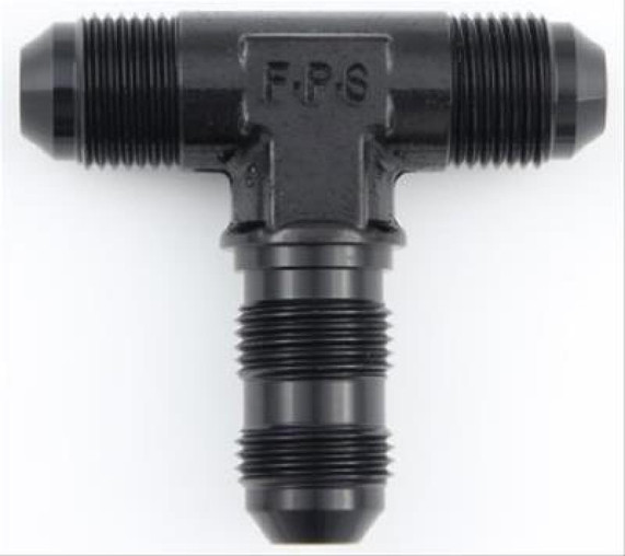 Fragola 483404-BL #4 Bulkhead Tee Black, black plastic T-shaped pipe fitting with threaded ends for fluid or gas transfer.