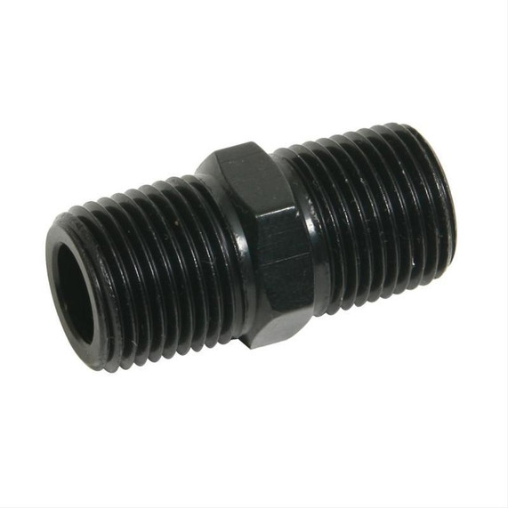Fragola 491103-BL 3/8 MPT PIPE NIPPLE BLACK, black metal pipe fitting with threaded ends for plumbing or industrial use.