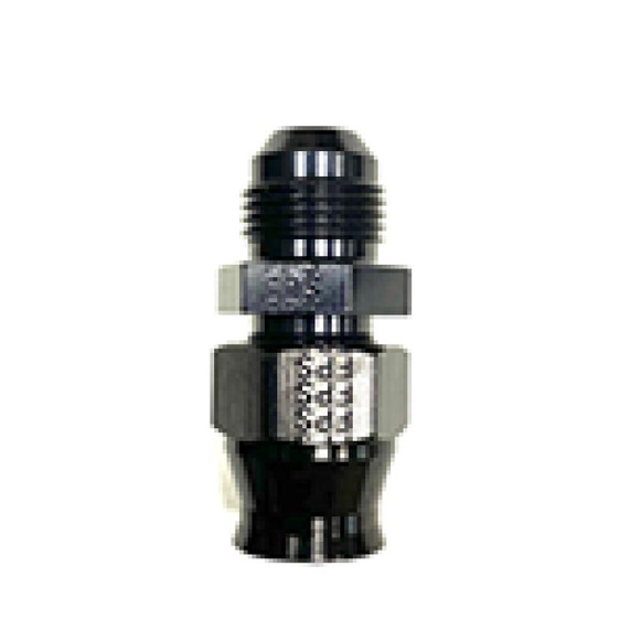 Fragola 892006-BL 6AN Male x 3/8" Tube AN Adapter Fitting, Black, close-up view of the black and silver metal fitting with threaded and barbed ends for automotive or fluid transfer applications.