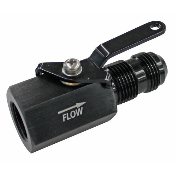 Fragola 961010-BL 1/2 NPT FEMALE INLET X #6 MALE OUTLET ON/OFF SHUT OFF VALVE, black metal valve with flow direction arrow and lever handle for controlling fluid flow.