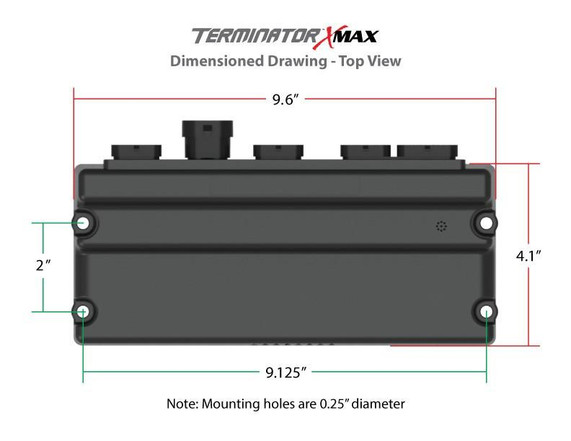 Holley Performance Parts – EFI, Intakes, & More Holley 550-929 EFI Terminator X Max MPFI W/DBW- LS1/LS6, top view of the electronic fuel injection control module with detailed dimensions and mounting hole specifications.