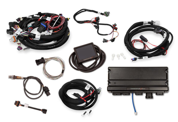 Holley Performance Parts – EFI, Intakes, & More Holley 550-916 EFI Terminator X Max MPFI W/TRANS- LS1/LS6, image of various wiring harnesses, electronic components, and control units for an advanced electronic fuel injection system.