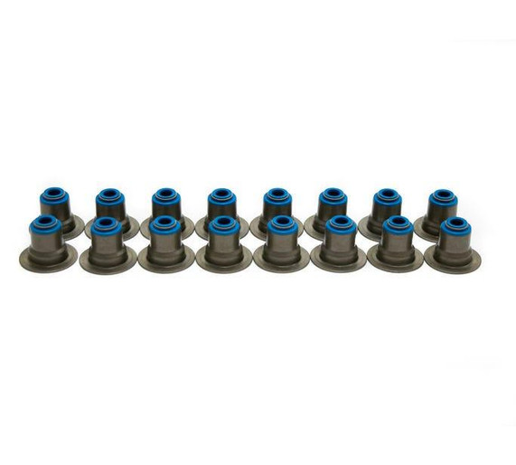 BTR LS .560 Lift Spring Hat-Style Valve Seals, an assortment of engine valve seals with black and blue rubber components arranged in a row.