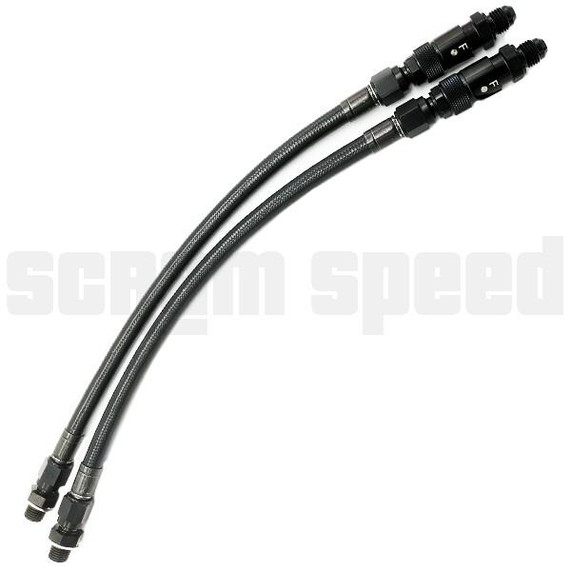 Scram Speed Dry Break Transmission Cooler Lines, black braided metal hoses with fitting connectors for vehicle transmission cooling system.