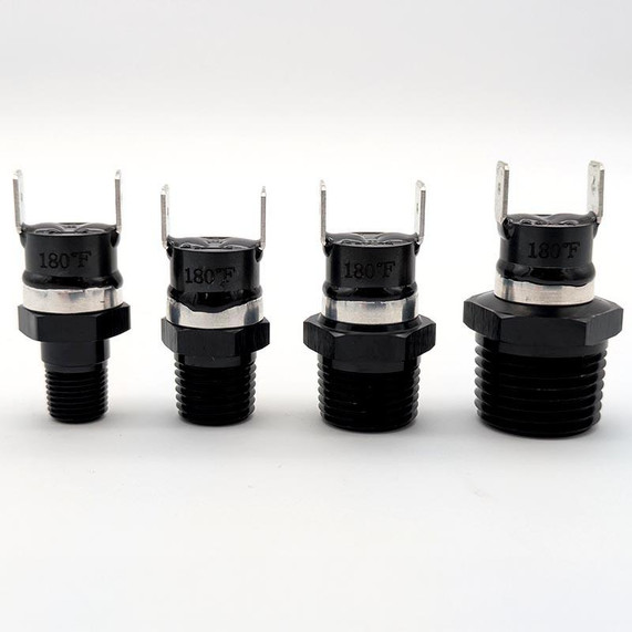 Scram Speed 180* NPT Thermal Fan Switch, four black and silver temperature switch units with different NPT thread sizes for automotive cooling systems.
