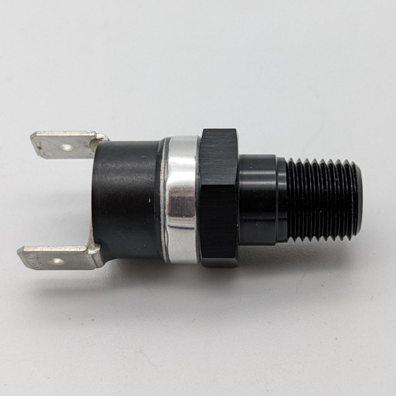 Scram Speed 1/8 NPT Thermal Fan Switch 180*, close-up view of a black and silver automotive temperature sensor with threaded end and electrical connectors.