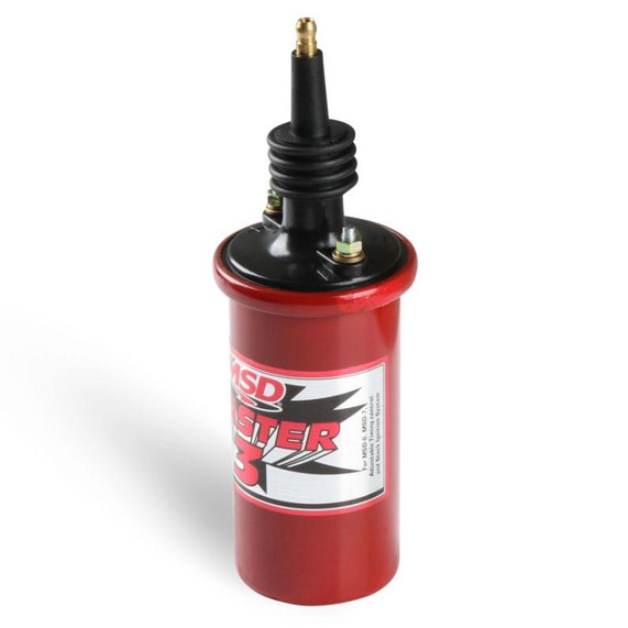 MSD Blaster 3 Coil Male HEI terminal, ignition coil with a black top and a red cylindrical body featuring branding and product details.