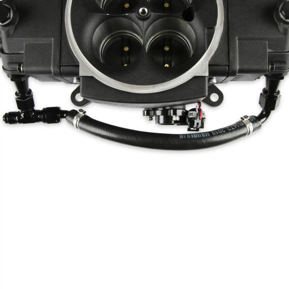 Holley Performance Parts – EFI, Intakes, & More Holley 534-247 Vapor Guard Fuel Log Sniper/Termx Stealth - close-up of the black fuel log with hoses and fittings connected to the engine component.