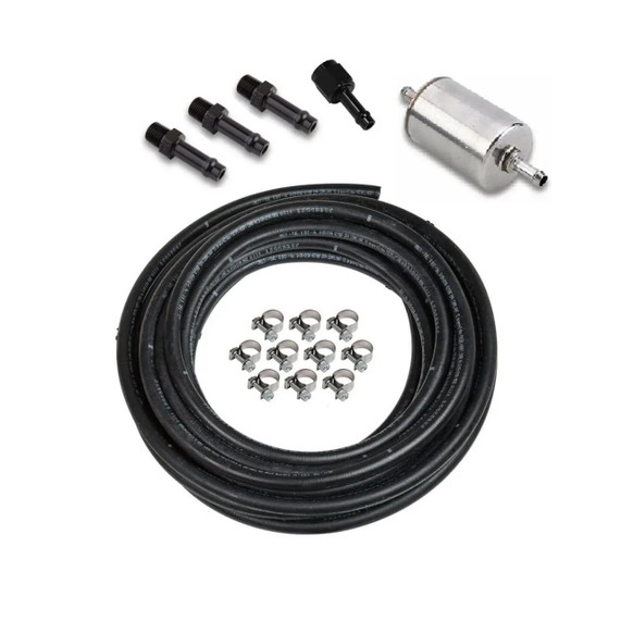 Holley Performance Parts – EFI, Intakes, & More Holley 526-9 EFI Fuel Tank Kit, 20 FT, W/O Return, image showing black fuel hose, metal fuel filter, fittings, and hose clamps for automotive fuel system installation.