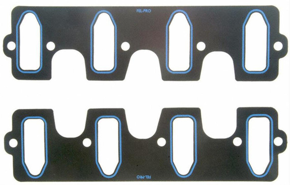 Fel Pro 1312-2 Cathedral Port Intake Gasket (Pair), black intake manifold gasket with blue sealing edges.