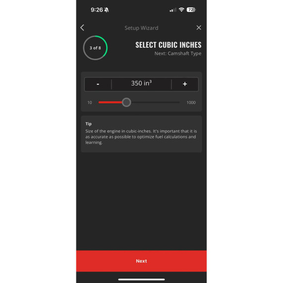 Holley Performance Parts – EFI, Intakes, & More Holley 558-498 Sniper 2 Bluetooth Module, a mobile device screen showing a setup wizard for selecting cubic inches for an engine's fuel calculations.