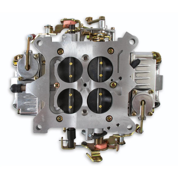 Holley Performance Parts – EFI, Intakes, & More Holley 0-4777S MODEL 4150 650 CFM CARBURETOR, top view of a high-performance automotive carburetor with metallic body, black throttle plates, and various adjustment components.