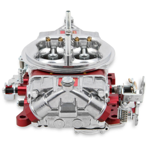 Holley Performance Parts – EFI, Intakes, & More QFT Q-1050 Carburetor 1050CFM DR, high-performance automotive carburetor with a metallic silver body and red accents, featuring dual throttle linkage and precision tuning components.