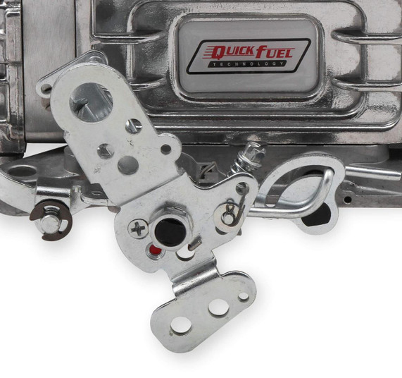Quick Fuel Technology – Carburetors & Fuel Systems QFT SL-750-VS Slayer Series Carburetor 750CFM LSX, close-up of the metallic carburetor components with detailed focus on the mechanical parts and branding.