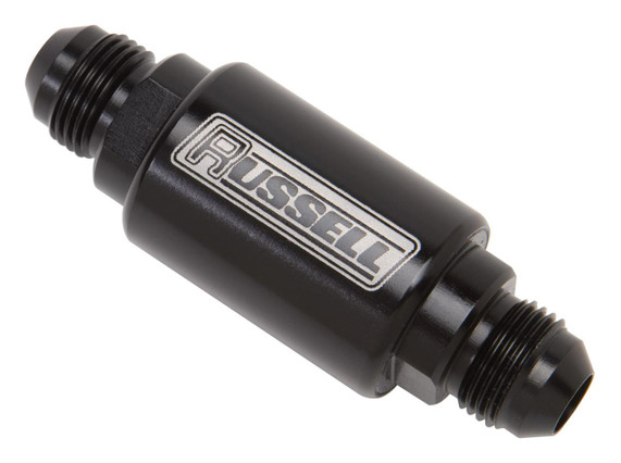 Russell 650133 3 Inch Long, -6 AN, 40 Micron Fuel Filter, black automotive fuel filter with barbed fittings for fuel line connection.