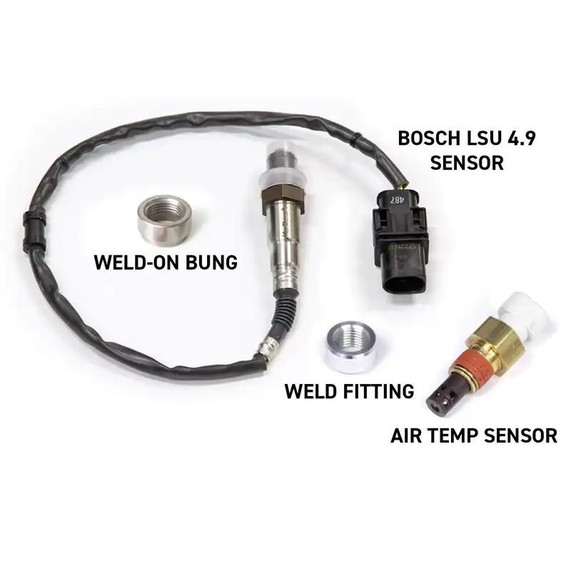 Haltech HT-220201 Rebel LS Gen III Fuel Injection System, includes Bosch LSU 4.9 sensor, weld-on bung, weld fitting, and air temperature sensor components.