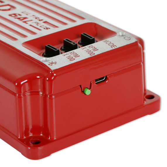 MSD 6523 Ultra 6AL Plus Ignition Control - Red, close-up view of red ignition control box with black adjustment switches and USB port.
