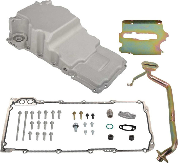 Scram Speed LS Swap Oil Pan Kit, most compatible with GM and Ford engine swaps, including oil pan, pick-up tube, gasket, and mounting hardware.