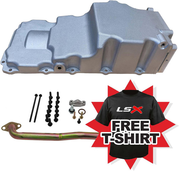 Scram Speed LS Swap Oil Pan Kit, including a silver oil pan, mounting hardware, dipstick tube, and a promotional free T-shirt with LSX logo.