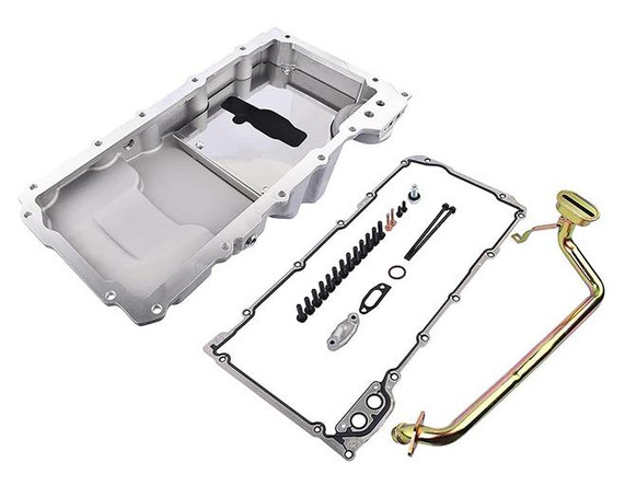 Scram Speed LS Swap Oil Pan Kit, an aluminum oil pan with mounting hardware and a pickup tube for GM and Ford engine swaps.