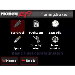 Holley Performance Parts – EFI, Intakes, & More Holley 553-108 EFI 3.5 LCD Touch Screen, digital interface showing tuning options like Basic Fuel, Fuel Learn, Basic Idle, Spark, Drive by wire, and Transmission.
